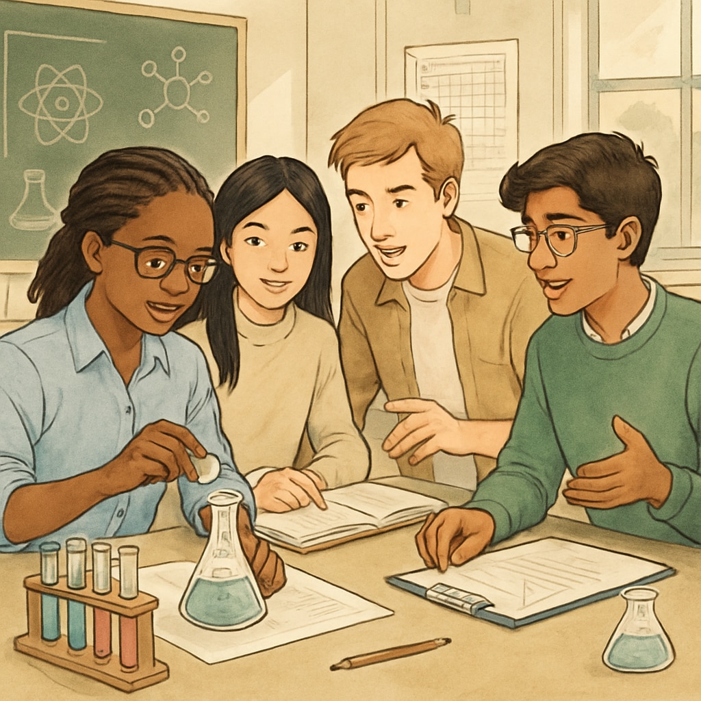 Students in a science lab collaborating to highlight teamwork and mutual learning.
