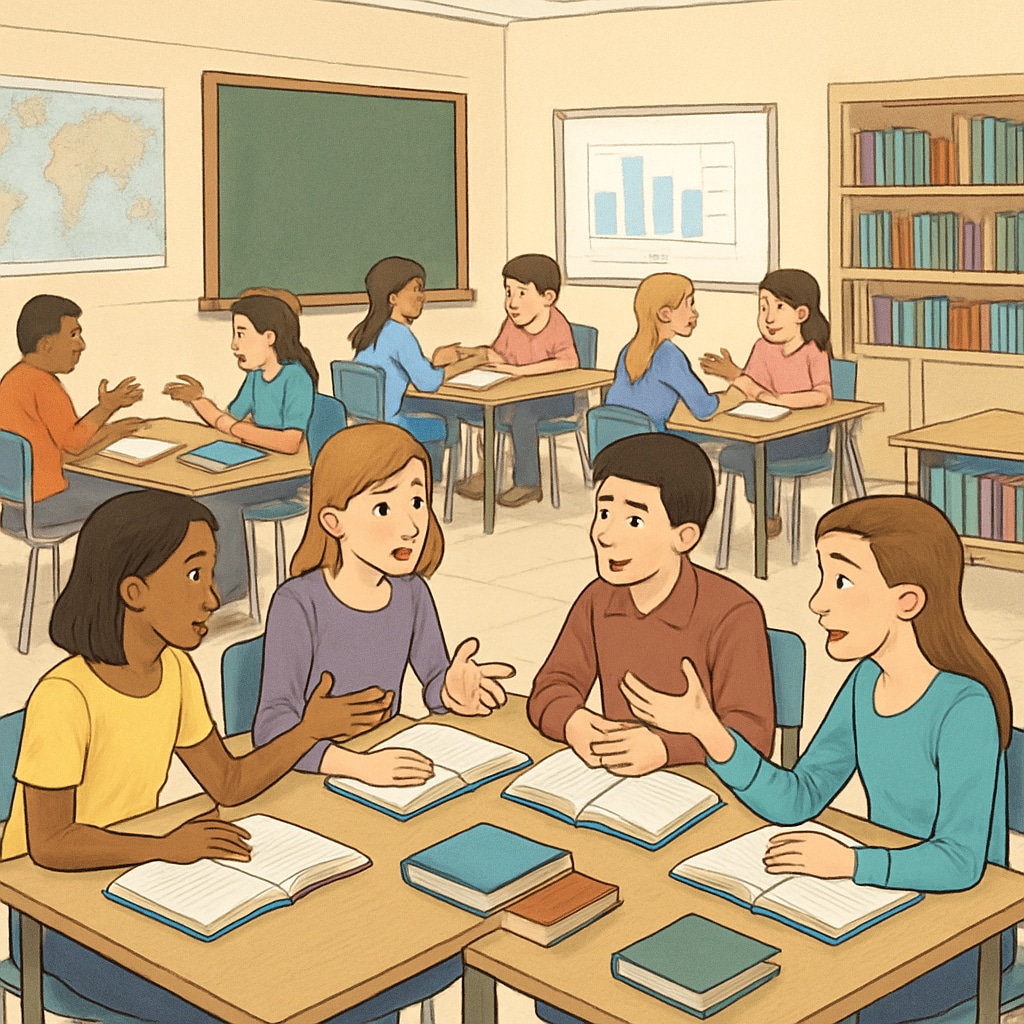 Students in a classroom discussing ideas to develop critical thinking and collaborative skills.