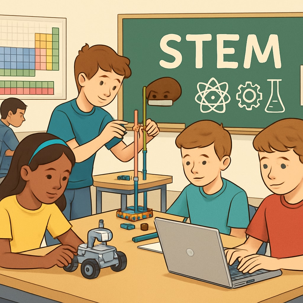 Students engaging in STEM projects in a modern classroom setting.