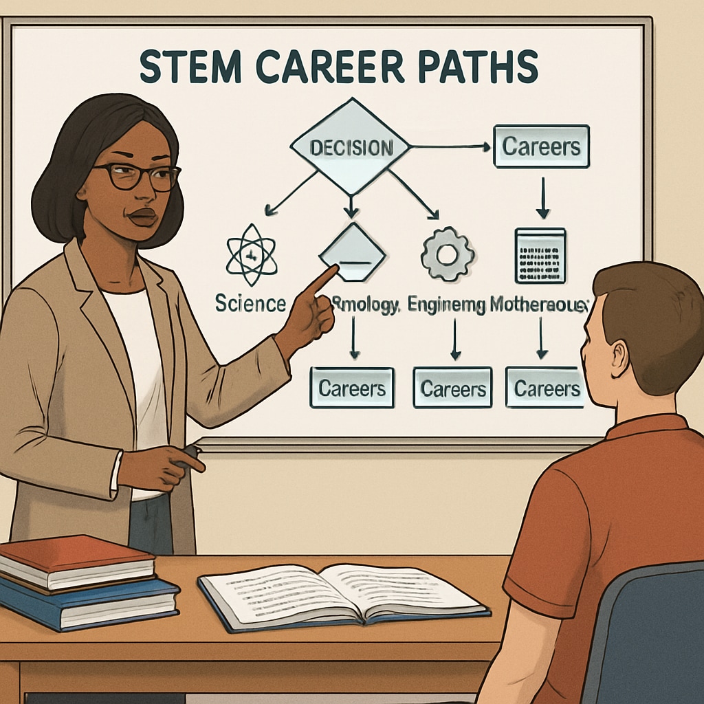 A student and counselor discussing STEM career pathways with visual aids.