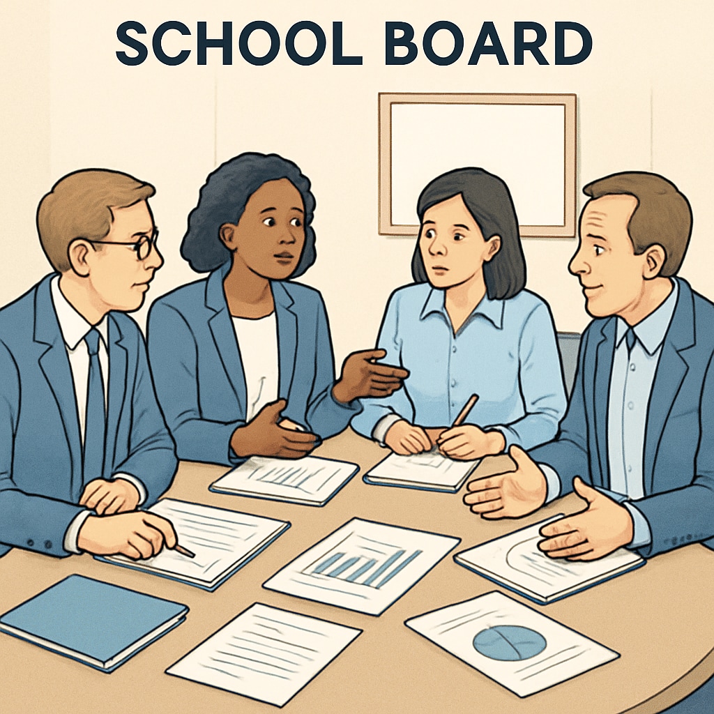 School board members discussing strategies for effective governance and educational reform.