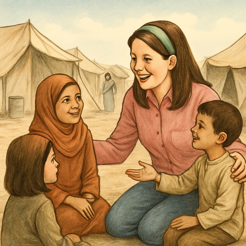 Ms. Rachel with children in a refugee camp, showcasing her humanitarian work.