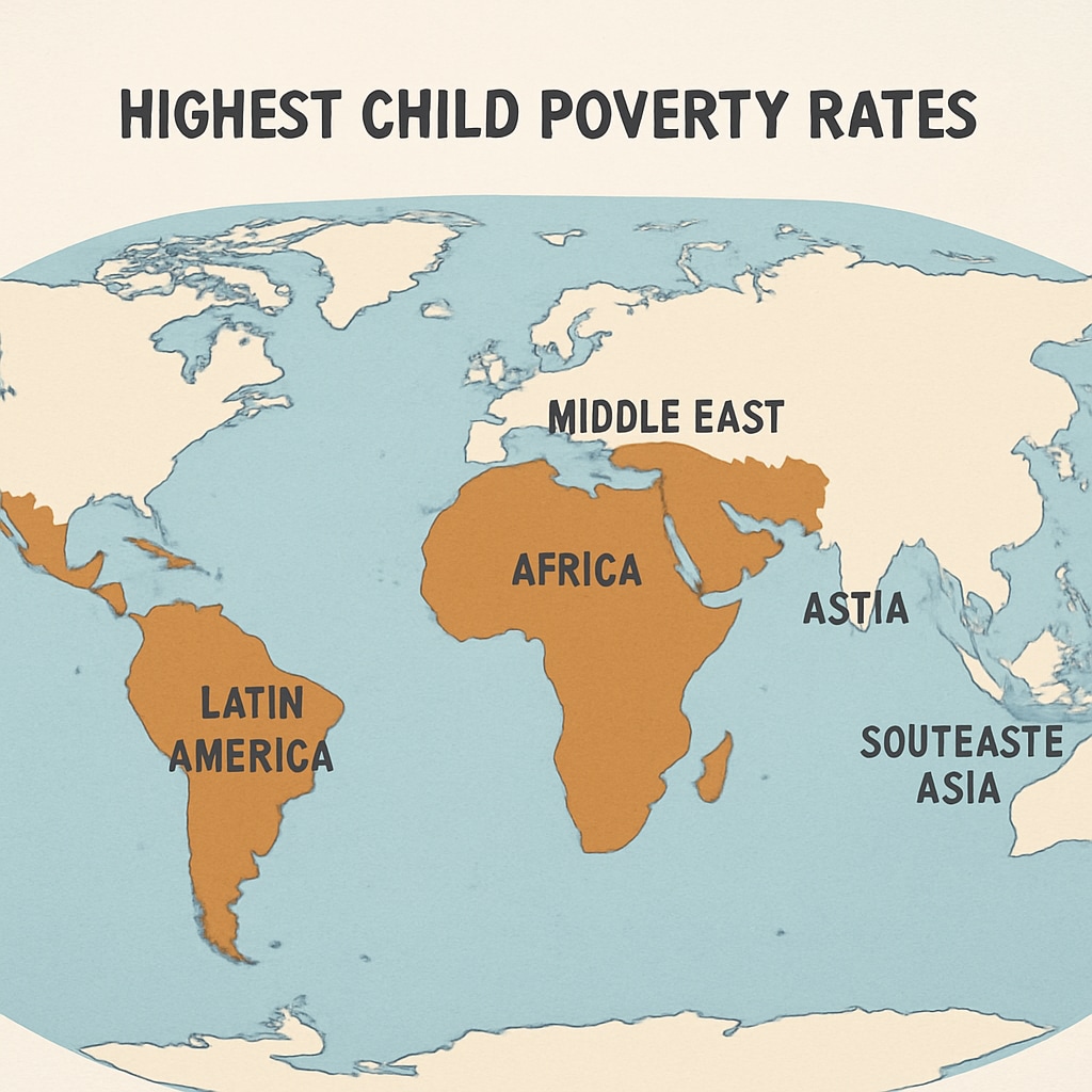 Global map of child poverty rates, emphasizing areas like the Middle East.