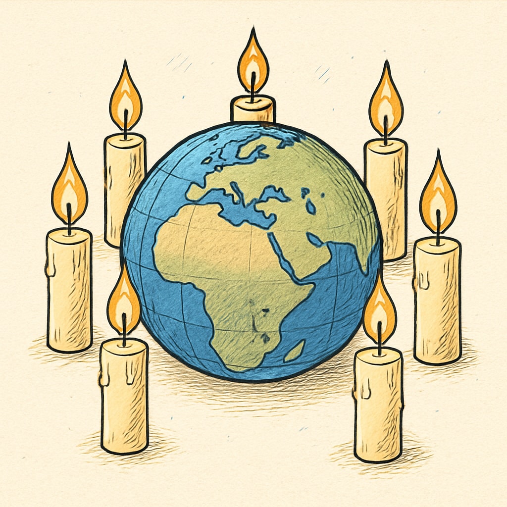 Globe surrounded by candles representing global solidarity and mourning.