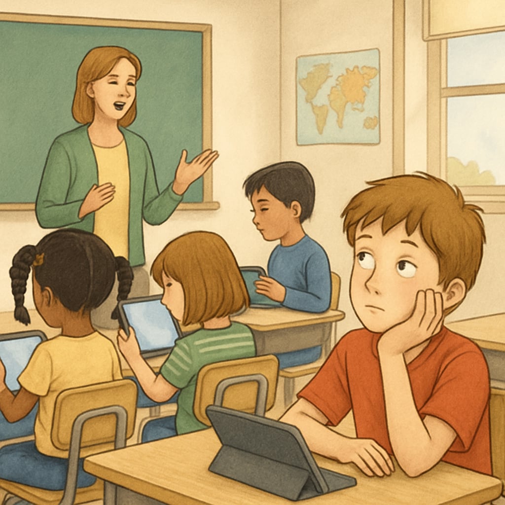 Classroom scene illustrating cognitive impact of excessive screen use in education