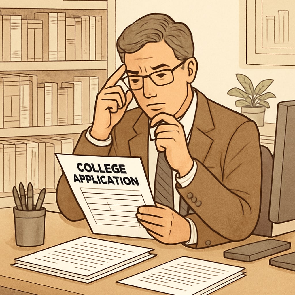 College admissions officer reviewing a suspicious application related to dishonesty consequences.