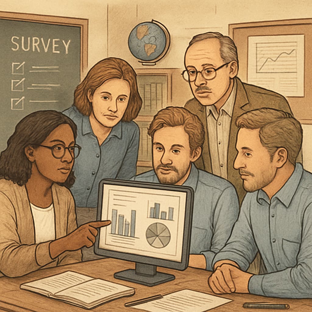 A group of educators analyzing survey data on a computer screen in a classroom setting, highlighting the collaborative process of educational research. Educators analyzing survey data related to K12 education reforms.