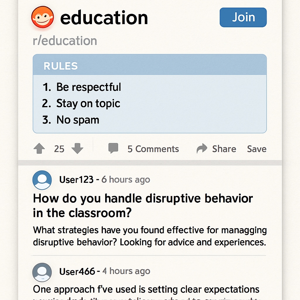 Screenshot of Reddit education subreddit with community rules and discussions.
