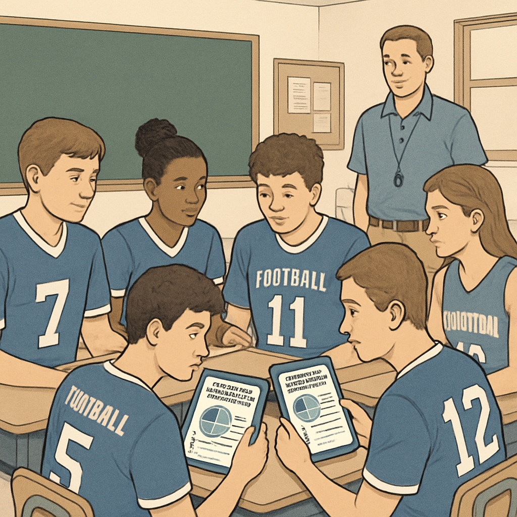 High school sports team discussing academic integrity using AI reports.