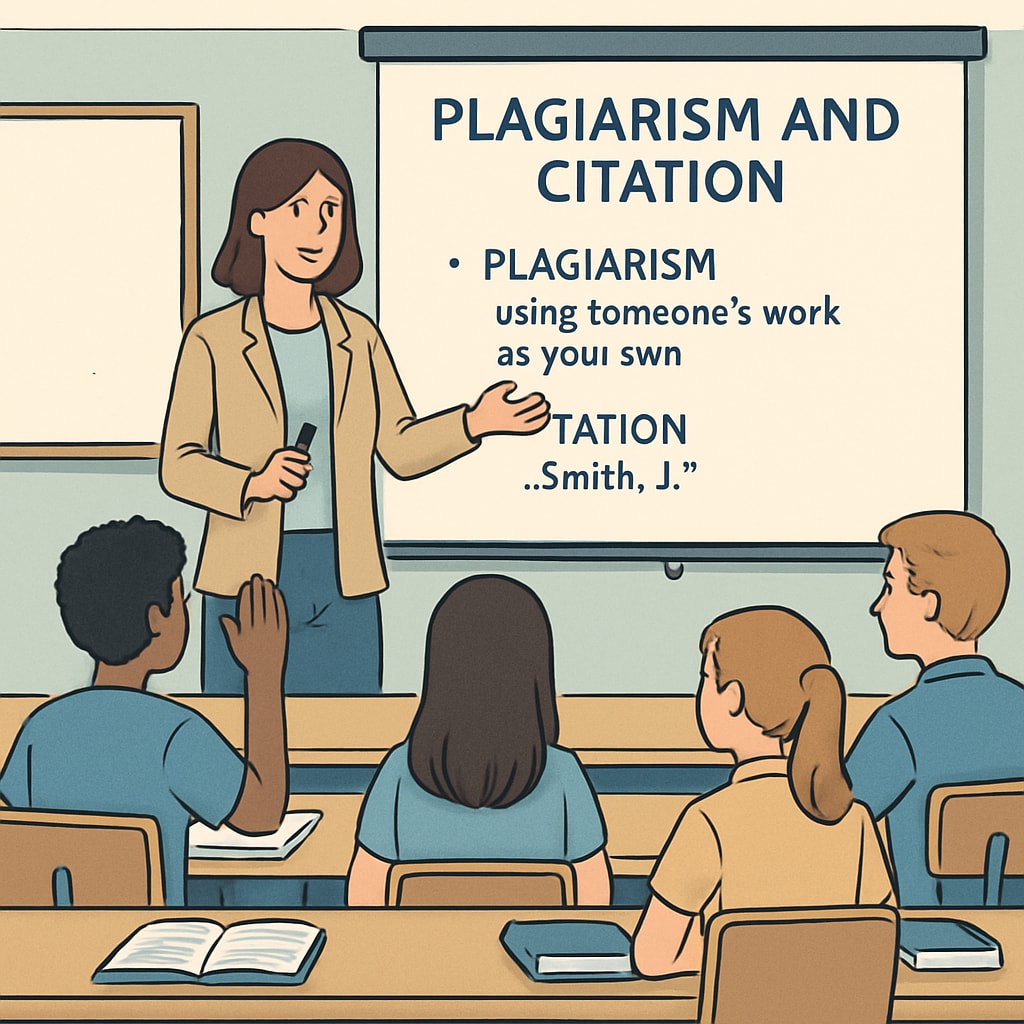 Teacher teaching students about plagiarism and citation