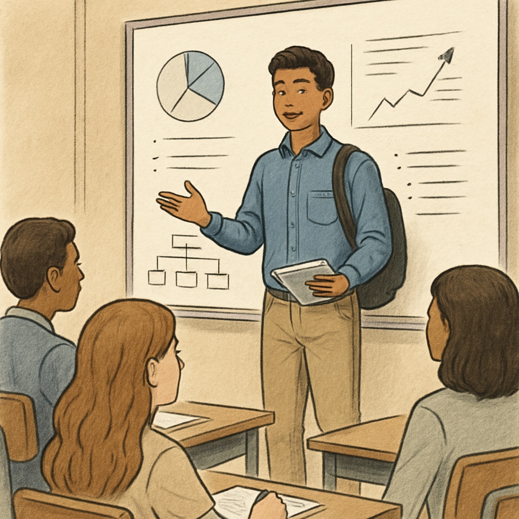 A student presenting in a college setting, symbolizing skipping grades to enter university early.