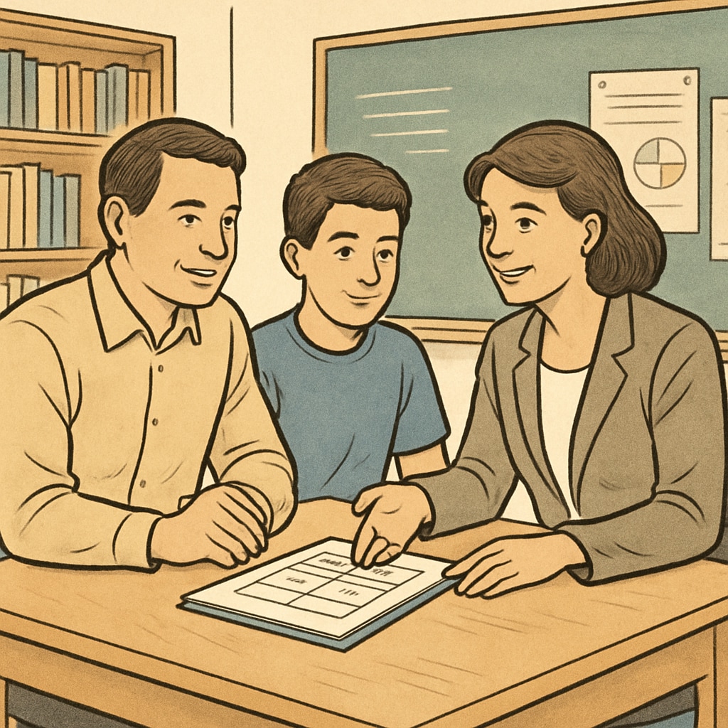 A parent, student, and counselor discussing academic options for skipping to college.