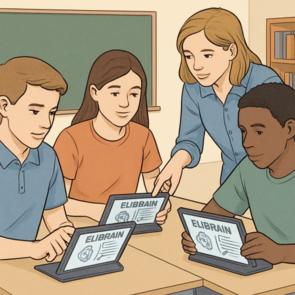 Students using ELIBRAIN software for collaborative learning.