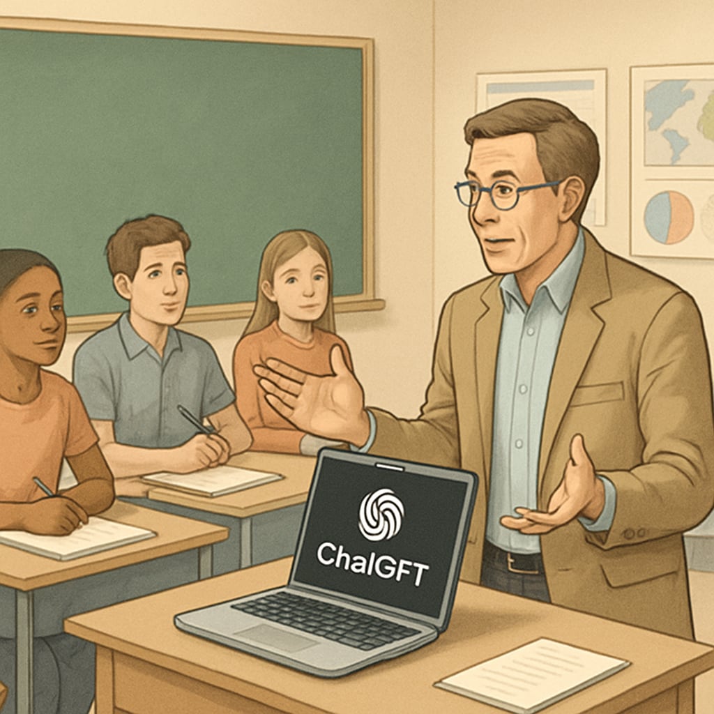 Teacher using ChatGPT in a classroom to foster critical thinking among students.