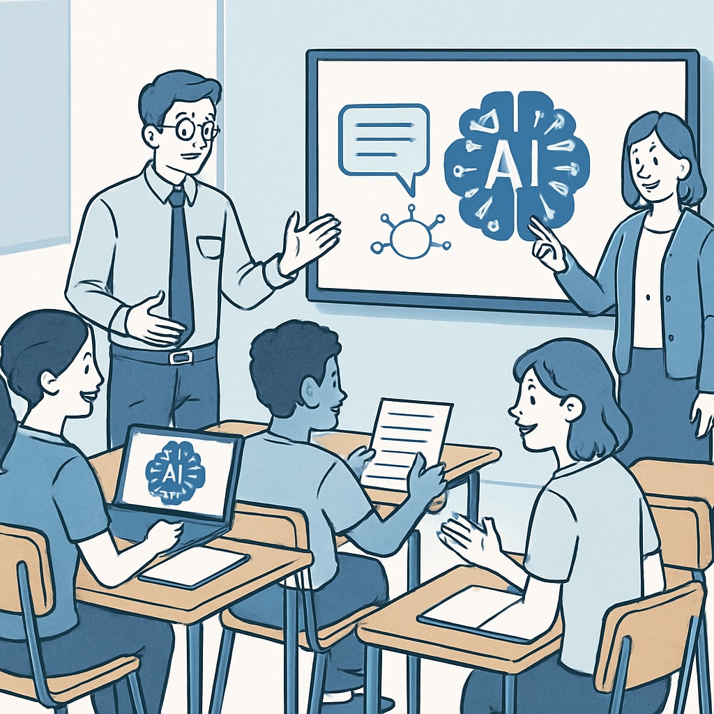Students and teachers working together with AI tools in an educational setting.