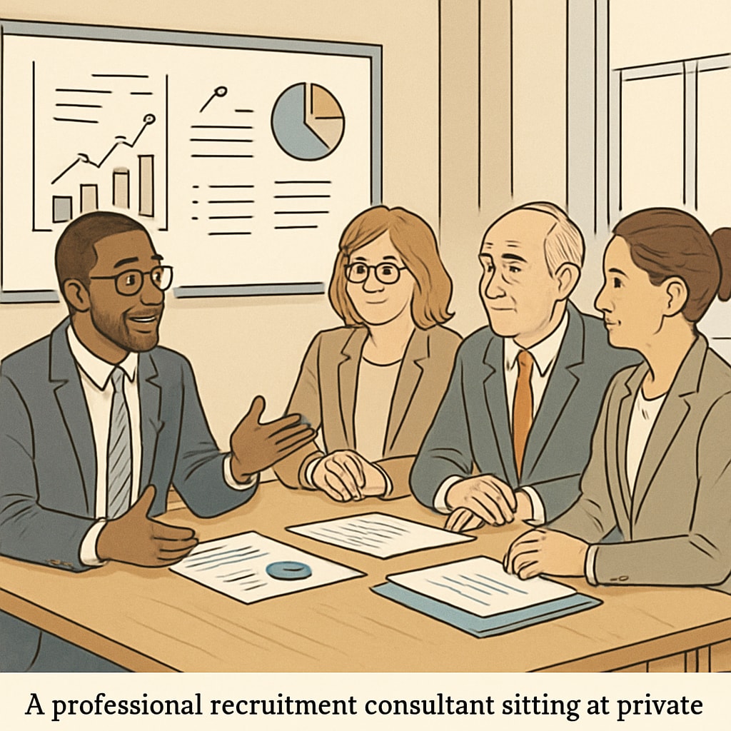 Recruitment consultant with private school staff, emphasizing customized hiring services.