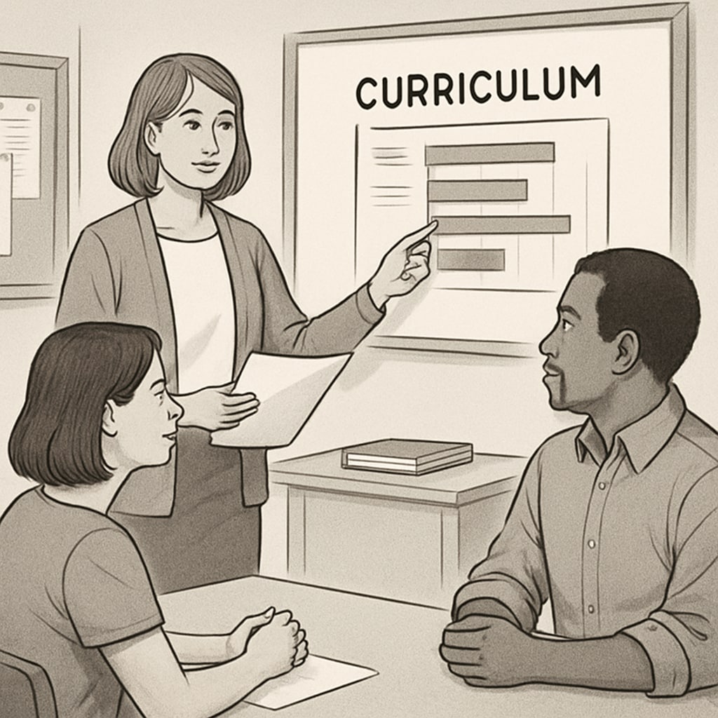 Elementary teacher meeting with parents to discuss curriculum plans.