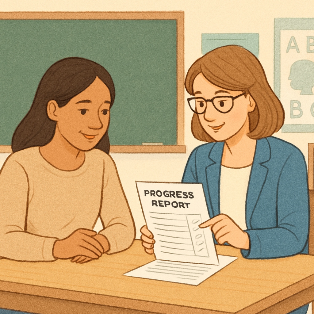 Parent and teacher discussing a student's progress in an elementary school setting.