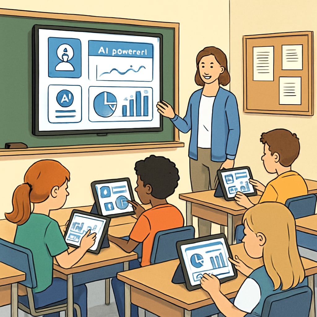 Students in a classroom engaging with AI-powered productivity tools for learning.
