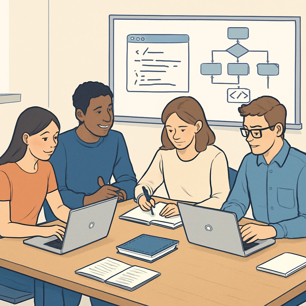 Students working together on a software development project.