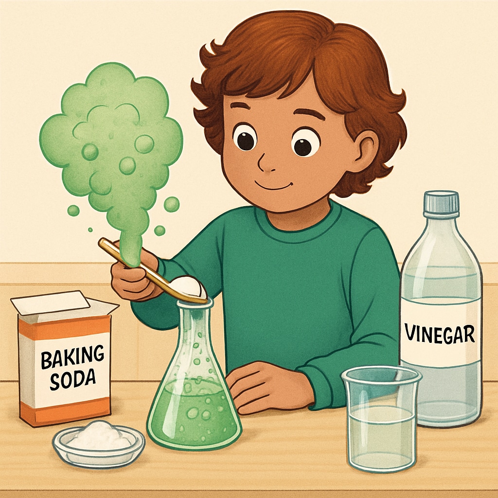 A child conducting a colorful chemical reaction experiment using safe household items, such as baking soda and vinegar. Child performing a colorful chemical reaction experiment at home using baking soda and vinegar.