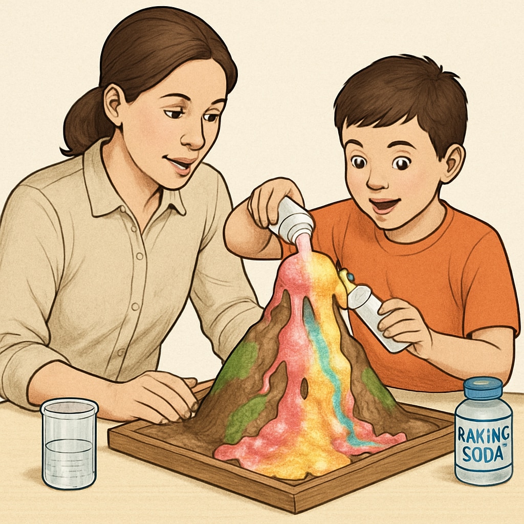 A parent and child working together to create a baking soda volcano with colorful eruptions, showcasing teamwork and learning. Parent and child collaborating to create a baking soda volcano as part of a family science experiment.