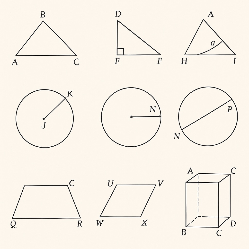 A technical diagram showcasing geometric shapes, such as triangles and circles, used in high school geometry classes. Diagram of geometric shapes highlighting key topics in U.S. high school geometry education.
