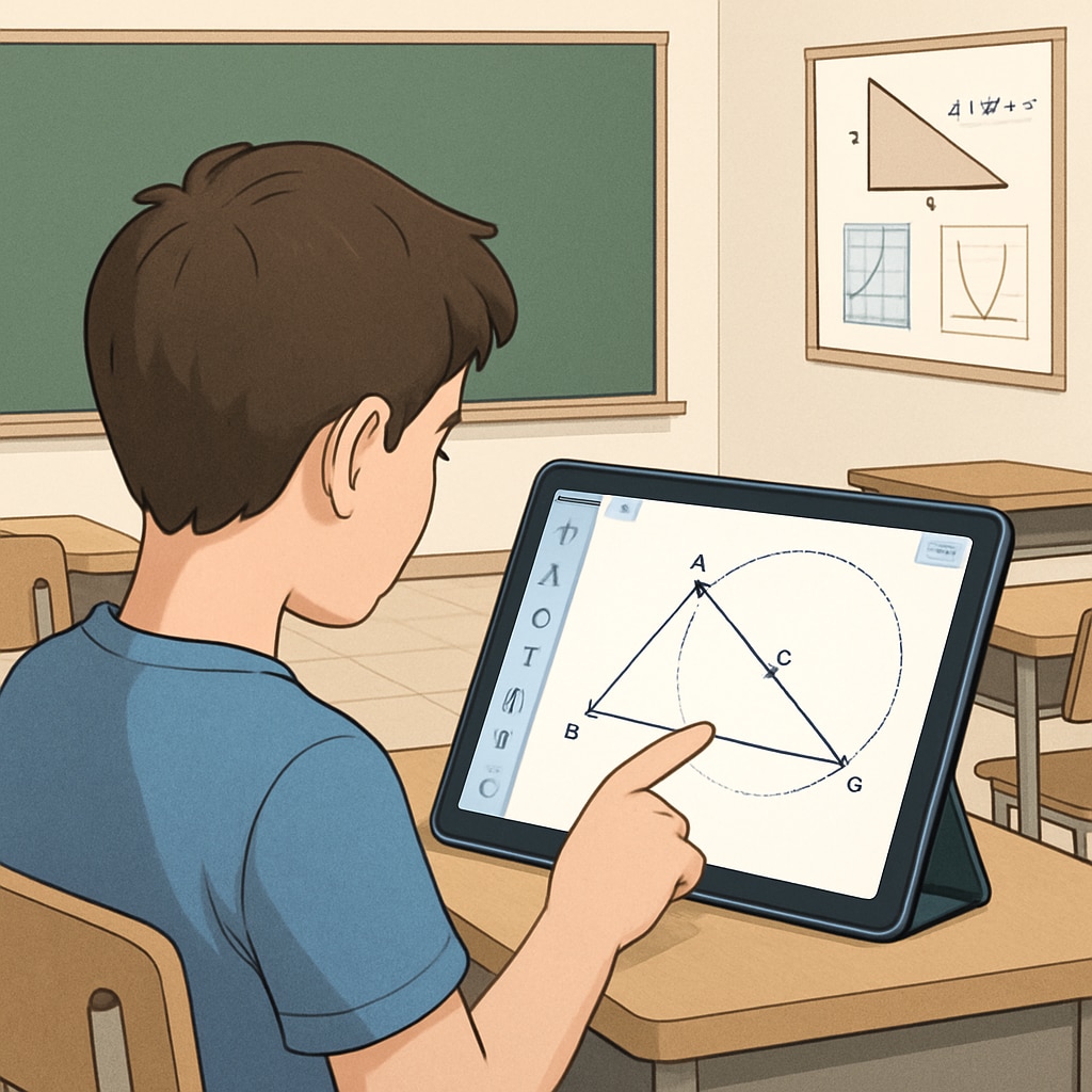 A student using a tablet to explore interactive geometry software in a classroom setting. High school student using digital tools to learn geometry concepts interactively.
