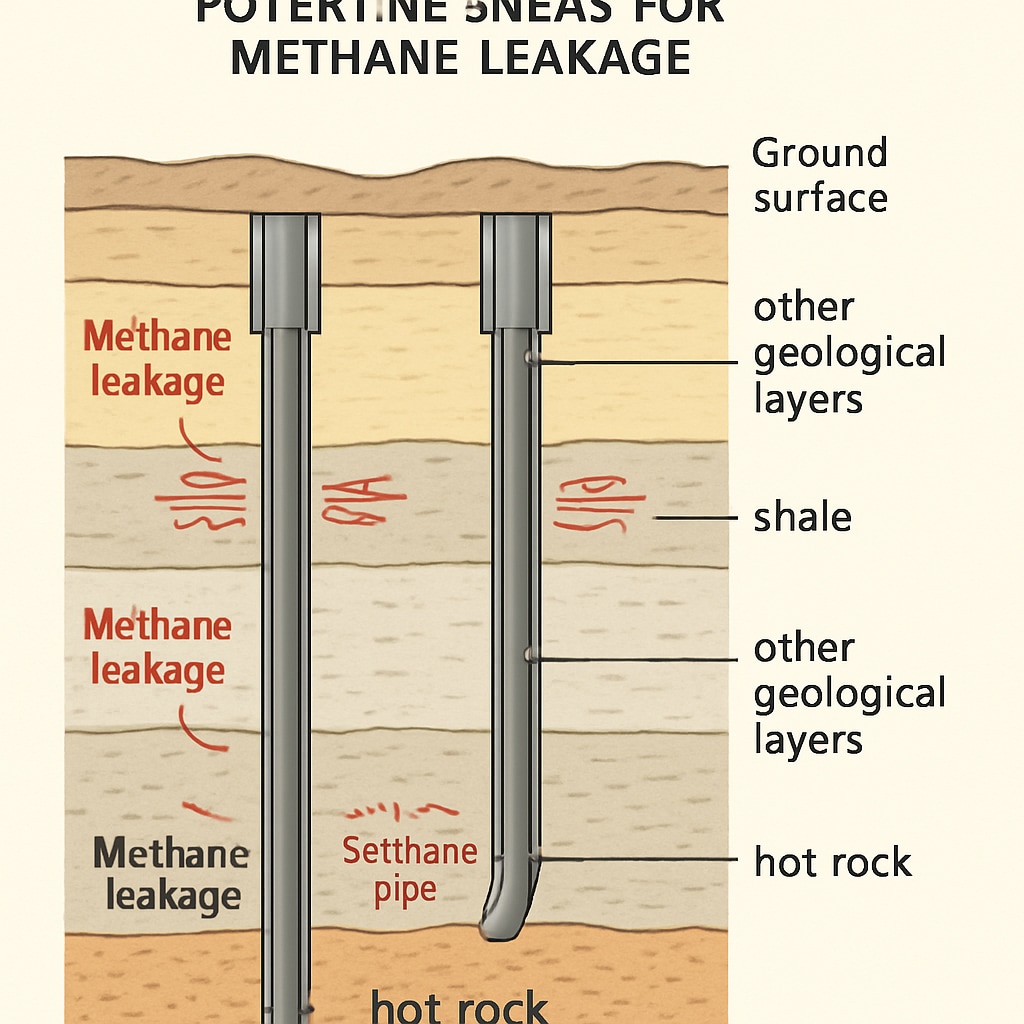 A technical diagram of geothermal wells showcasing potential areas for methane leakage. Diagram of geothermal wells highlighting methane leak risks.