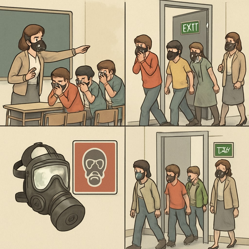 A classroom evacuation drill demonstrating safety protocols during a gas leak. Classroom evacuation drill for safety during methane leaks.