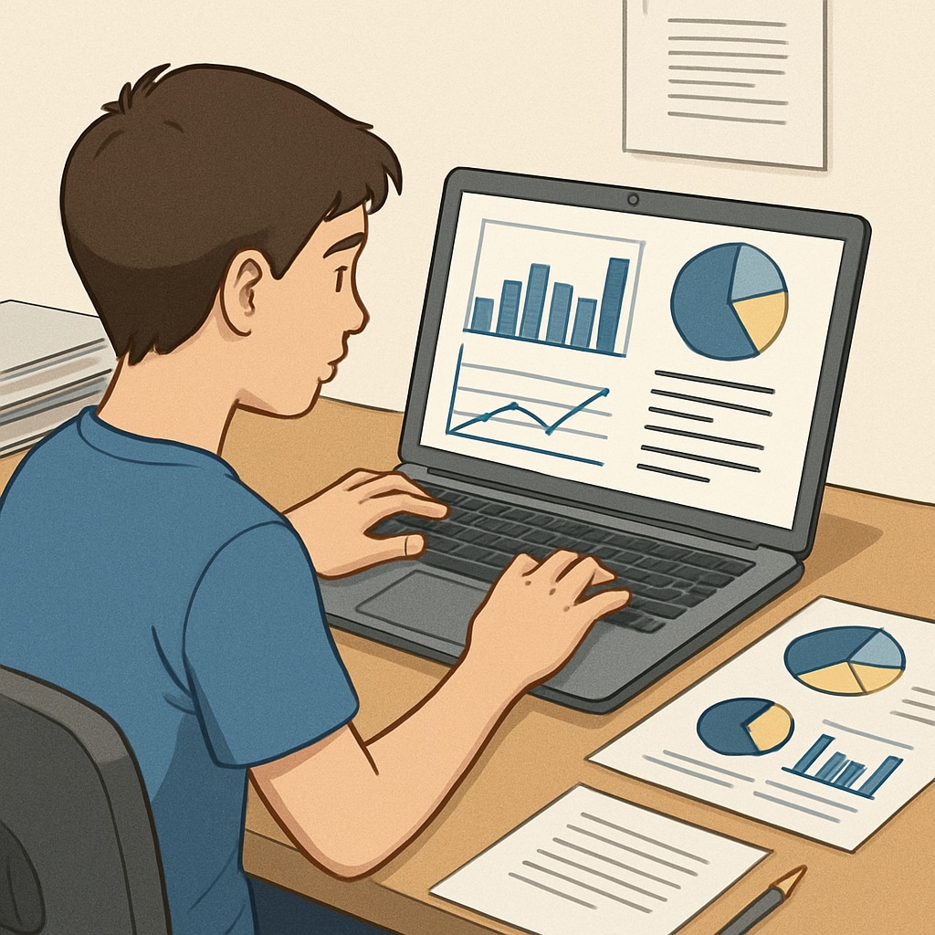 A student analyzing media research survey data on a laptop.