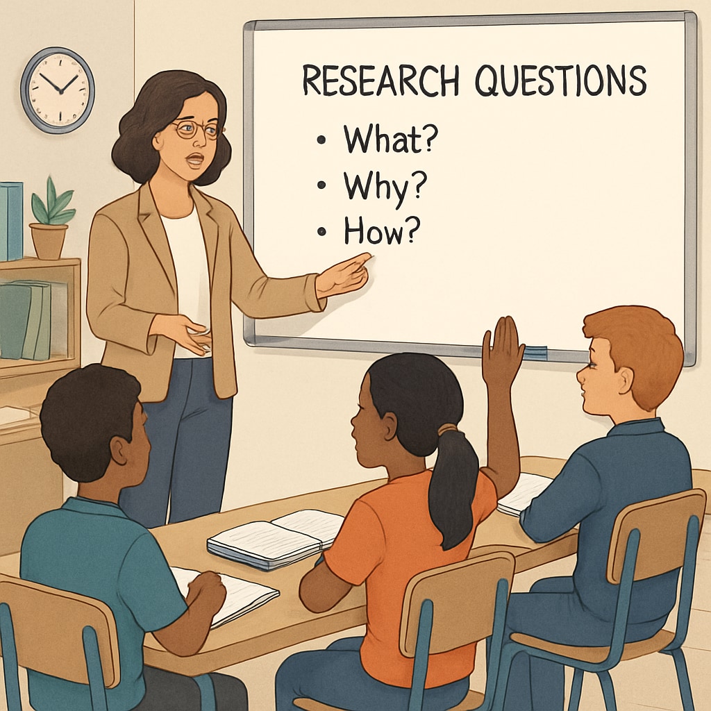 Teacher guiding students on research questions in a classroom setting.