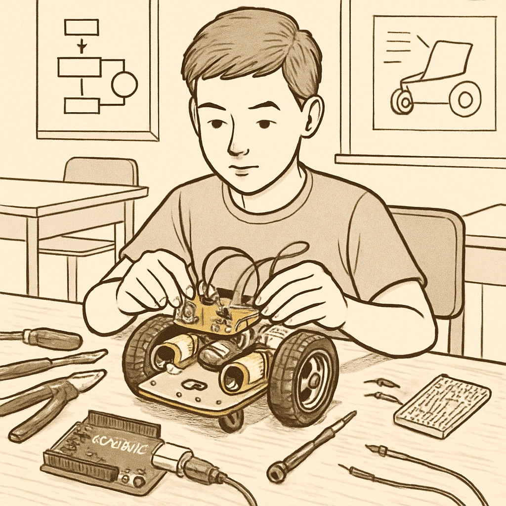 Student working on Arduino robot in robotics education project