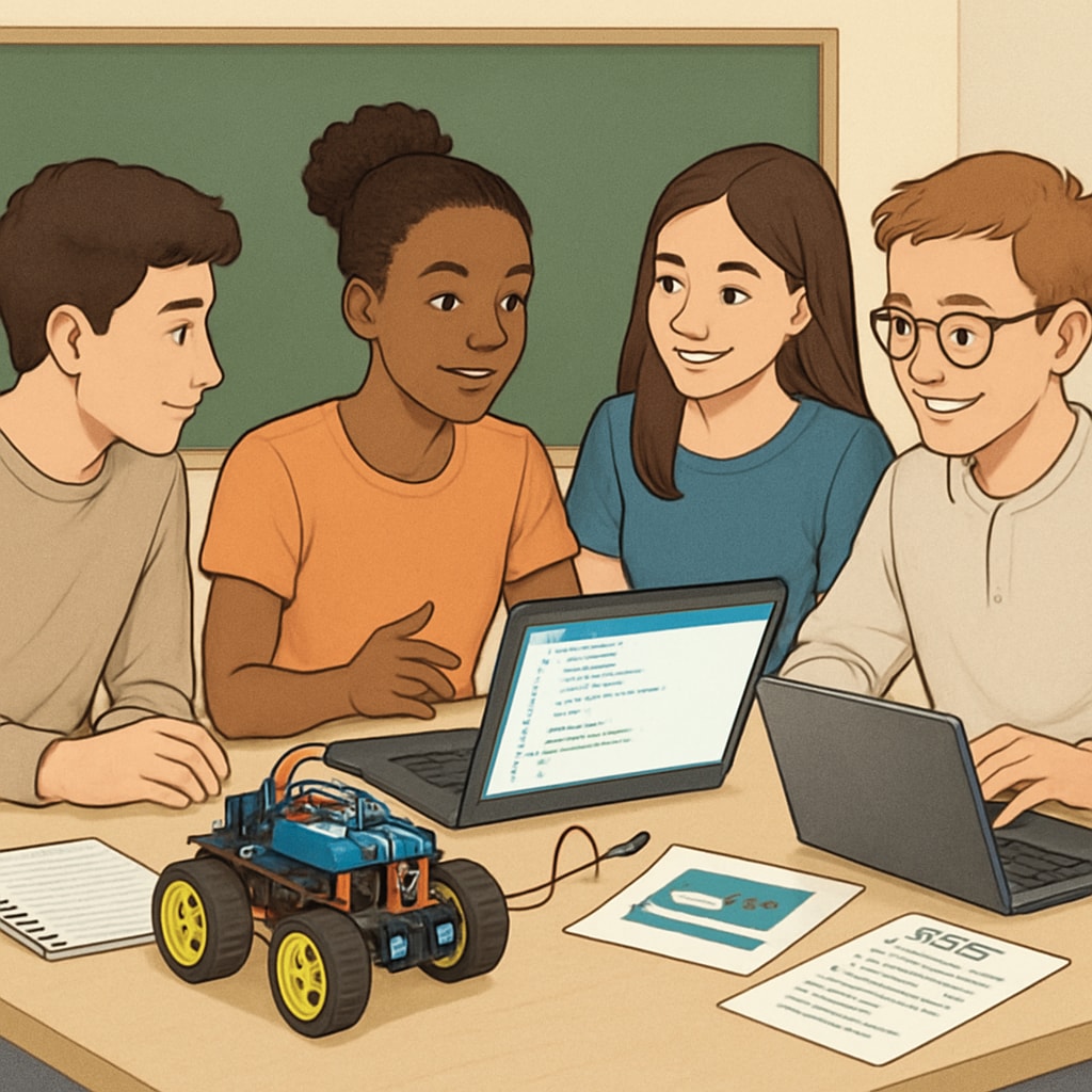 Students collaborating on Arduino robot project in robotics class