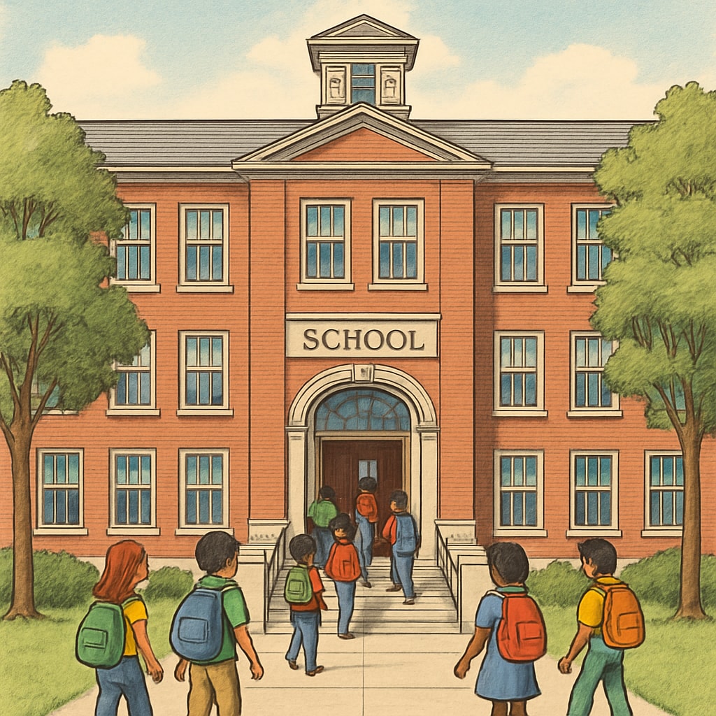 NYC school building with students entering, representing educational reform.