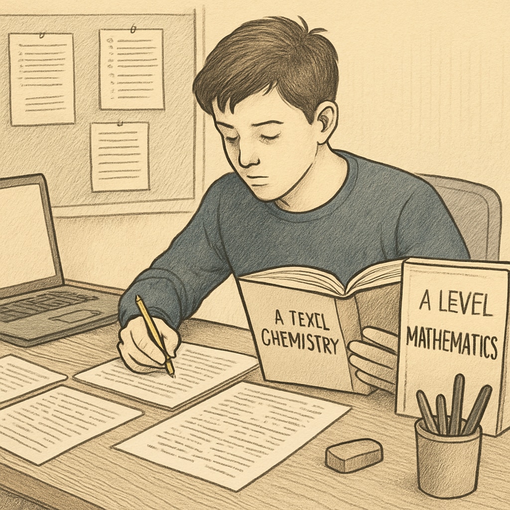 Student preparing for A Levels with textbooks and a laptop.