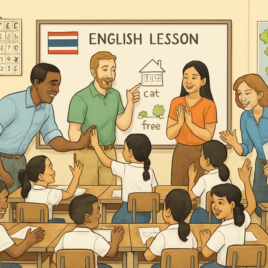 Educators teaching English in Thailand summer camp with interactive student activities.