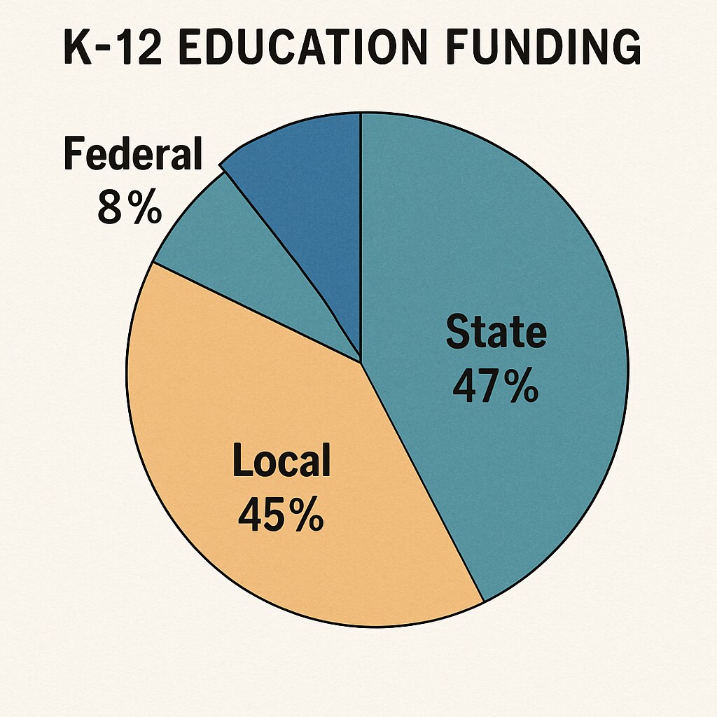 A chart representing U.S. K-12 education spending distribution among federal, state, and local sources.