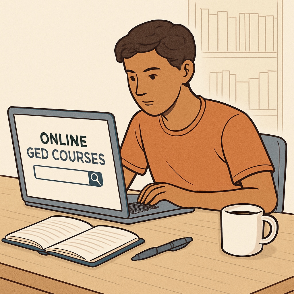 A student sitting at a desk with a laptop, researching online GED courses. The image conveys an individual actively engaged in learning through online platforms. Student researching online GED courses on a laptop