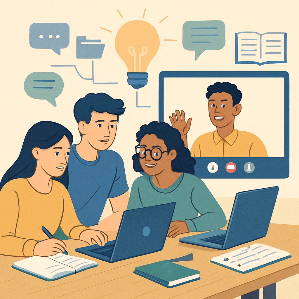 A group of students studying together online, showcasing teamwork and collaboration. The image highlights the social aspect of modern online learning environments. Group of students collaborating on GED online courses