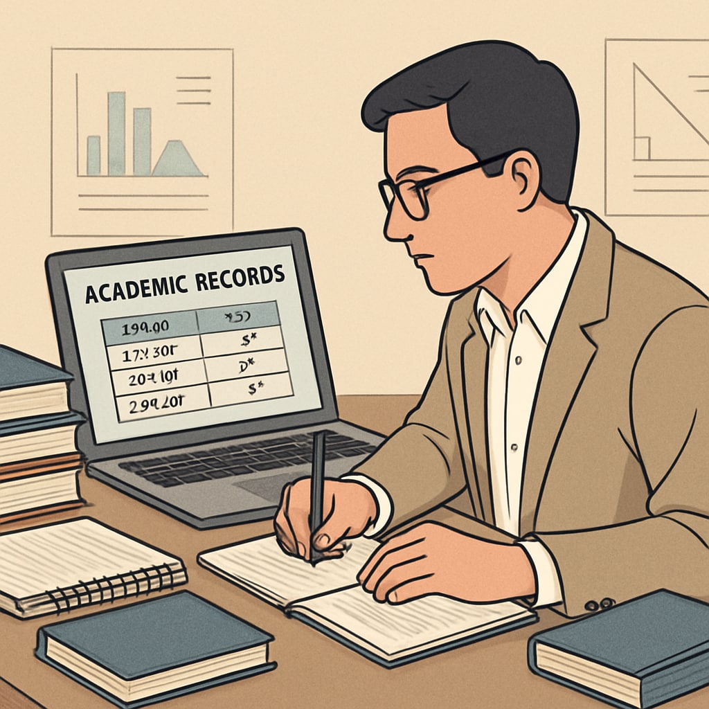 Adult learner reviewing academic records for degree completion and credit transfer.