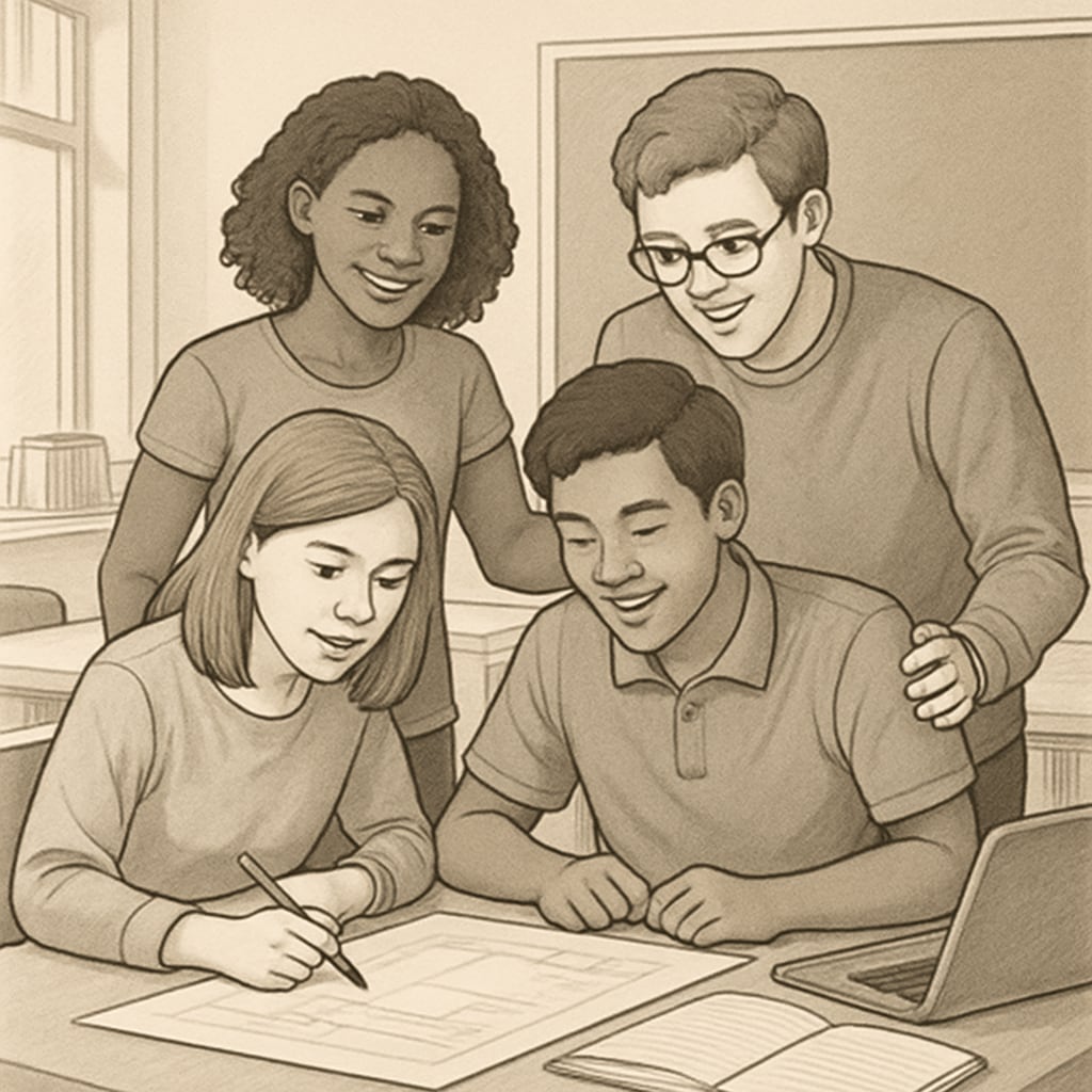 Students working together in a classroom to demonstrate learning community support.