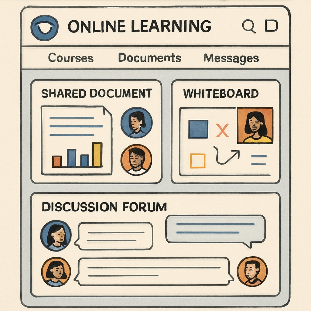 Virtual learning community interface highlighting collaboration and resource sharing.