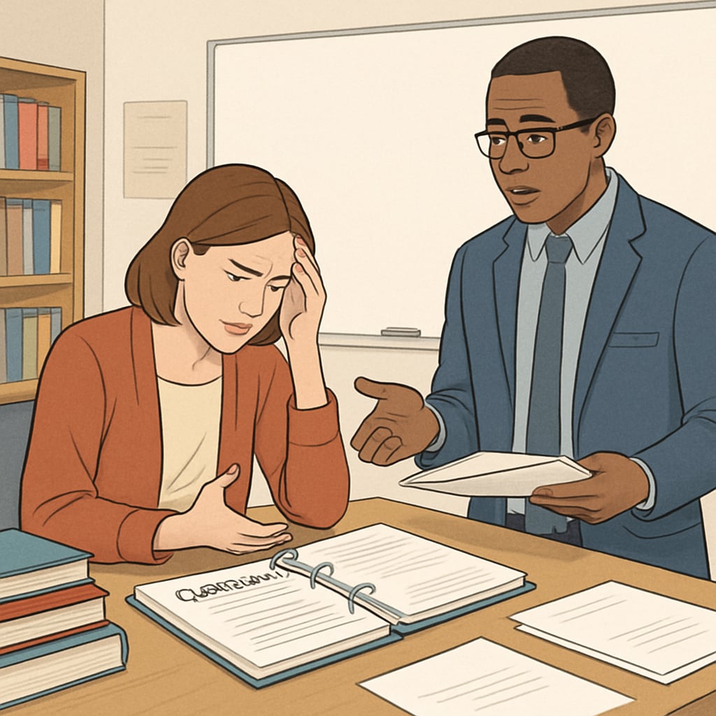 A classroom environment with a frustrated teacher discussing curriculum with a supervisor. Frustrated teacher discussing curriculum with an inept supervisor, highlighting professional conflict.