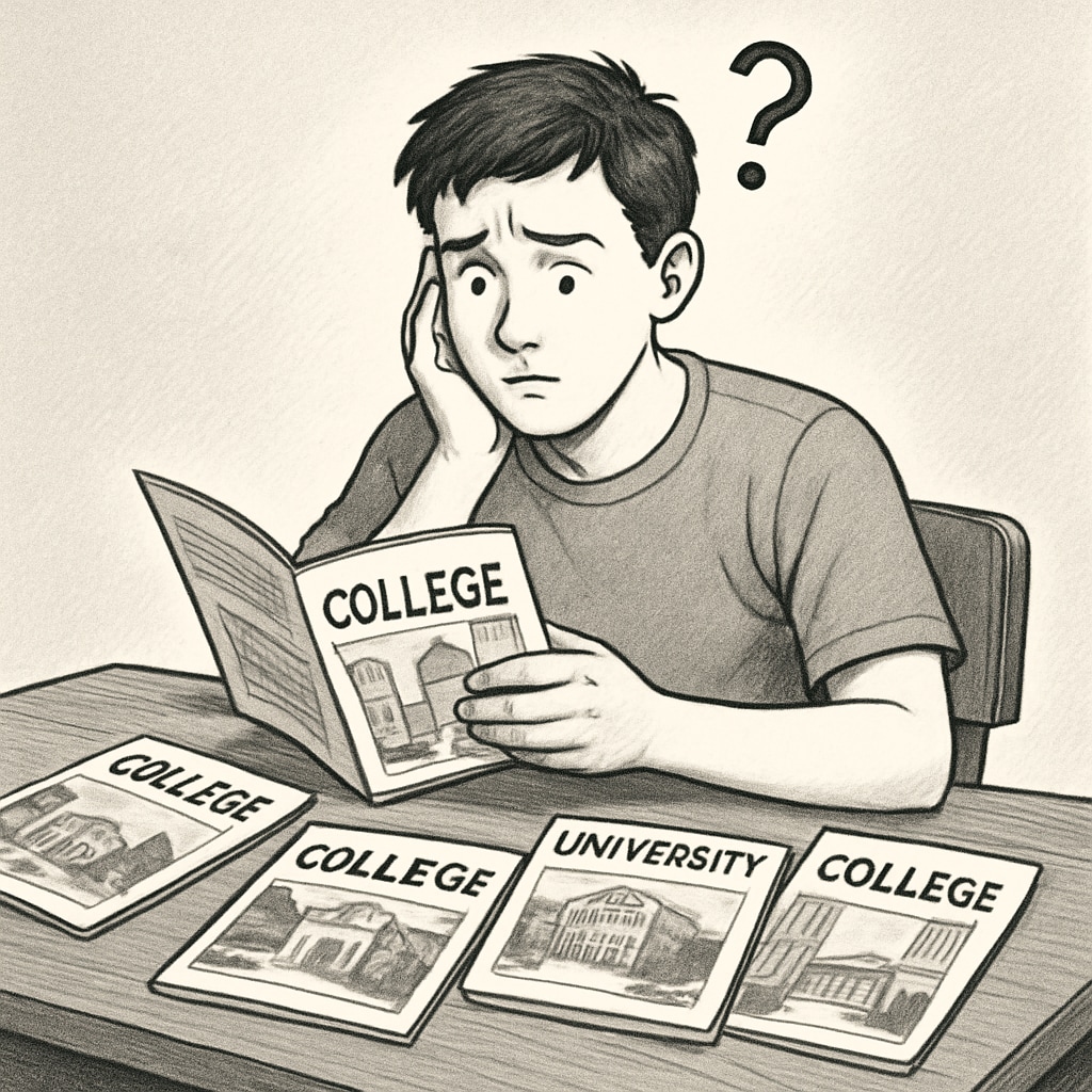A confused high school student surrounded by college brochures, symbolizing professional interest crisis.