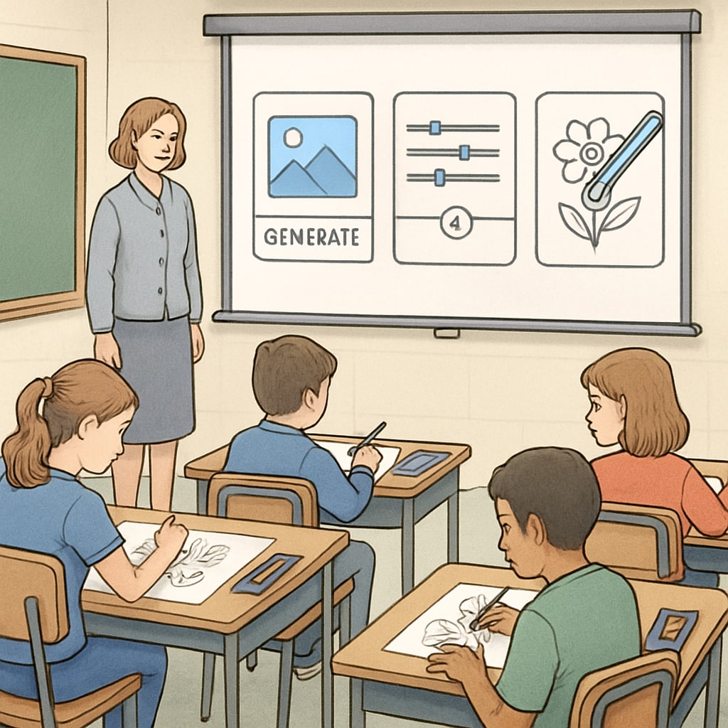Students creating hand-drawn art alongside AI tools in a classroom.