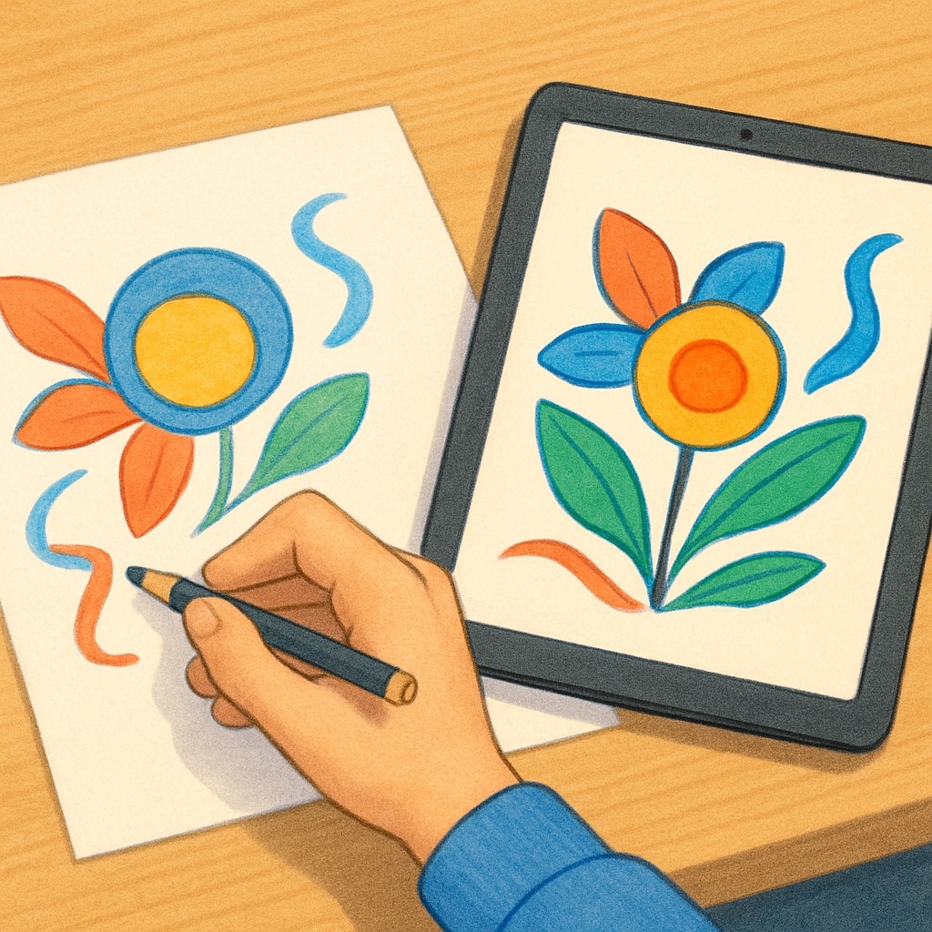 Student sketching art next to an AI-generated version on a tablet.
