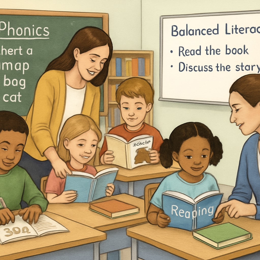 Children learning to read in a classroom, showcasing reading teaching methods.