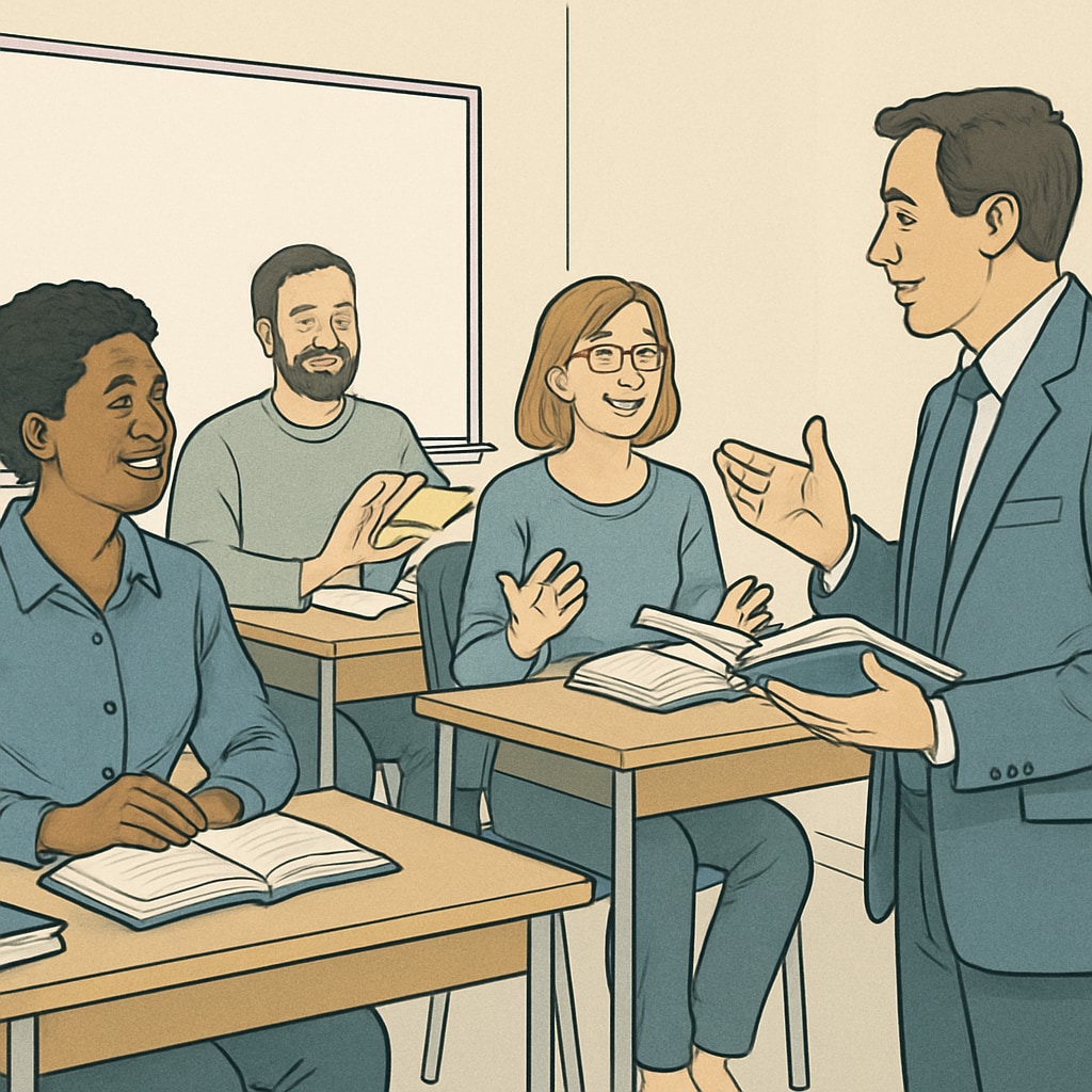 Adult learners in a classroom discussing formal education.