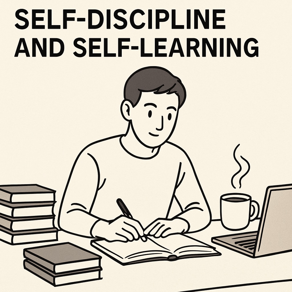 A self-learner at a desk with study materials and a focused demeanor.